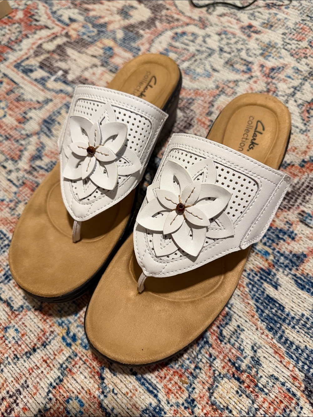 Clarks White Floral Thong Sandals with Tan Footbed